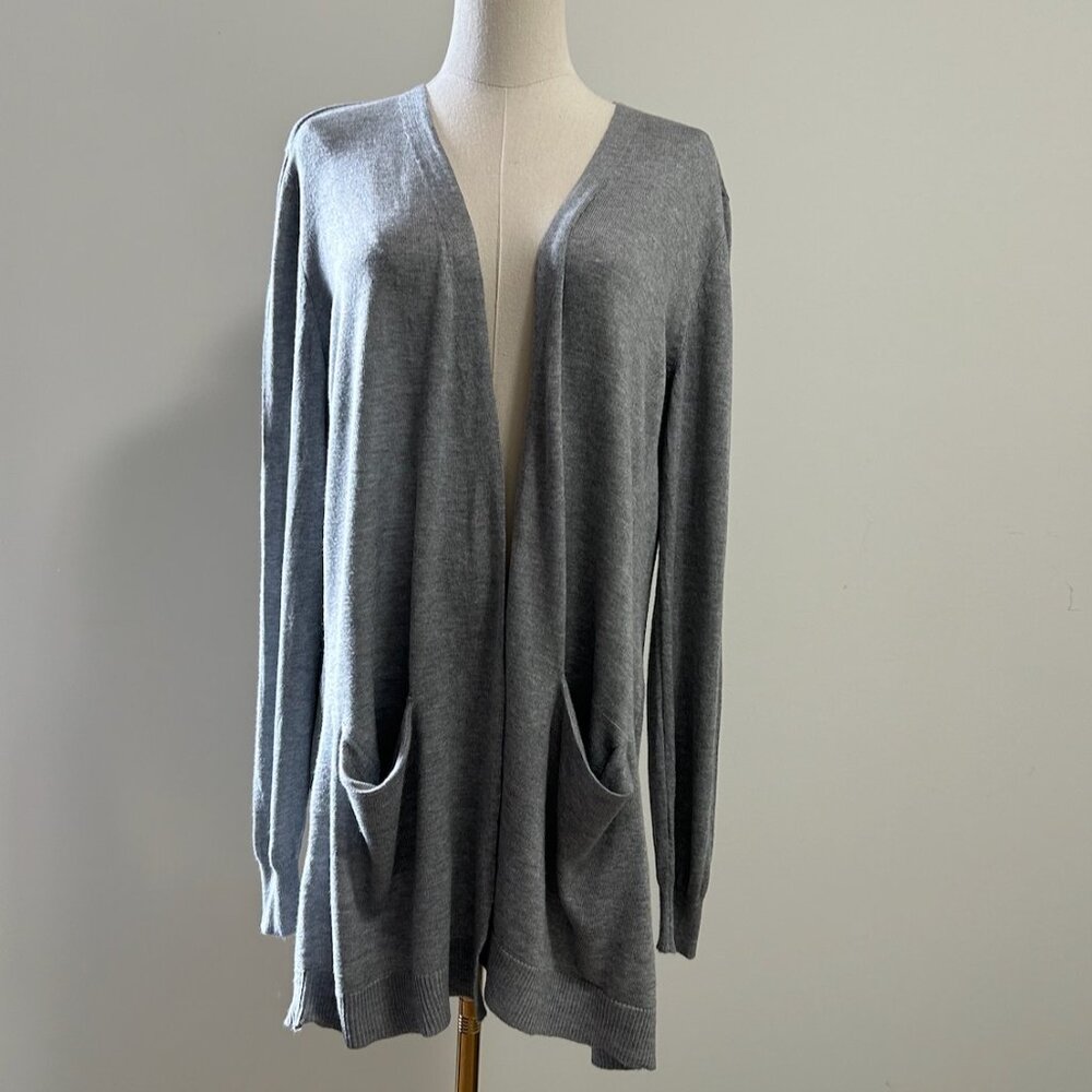 Long-Line Open-Front Cardigan with Pockets, Grey, Size Medium